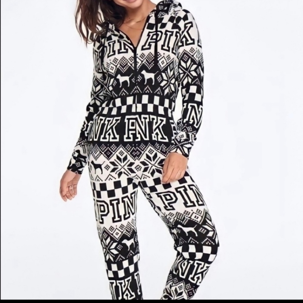 VS Pink zip front hooded one piece onsie